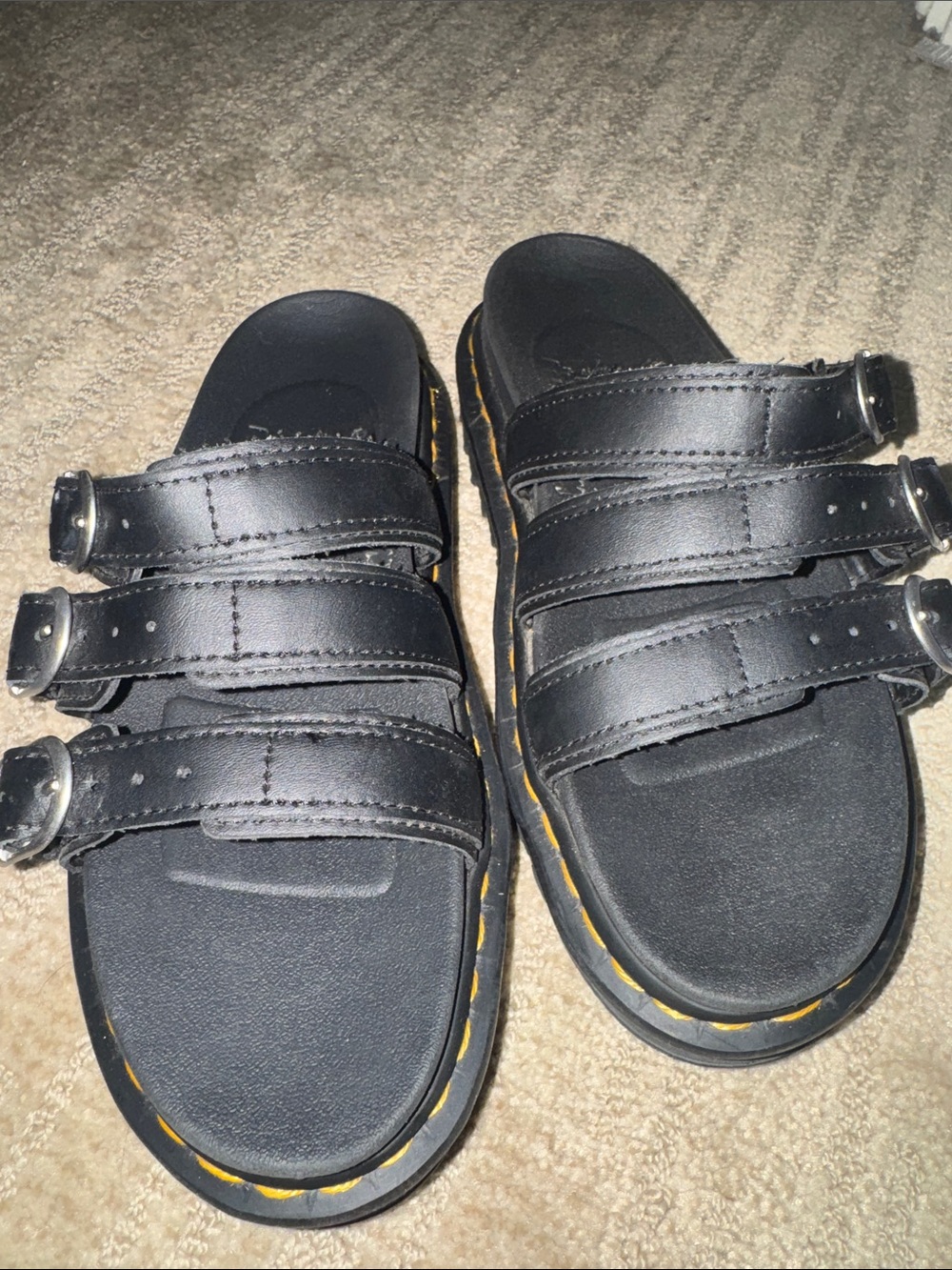 Dr. Martens Black Leather Triple-Buckle Platform Slides with Yellow Stitching - Picture 5 of 6